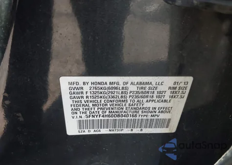 2013 Honda Pilot Ex-L z USA, uszkodzony, nr VIN 5FNYF4H60DB040166